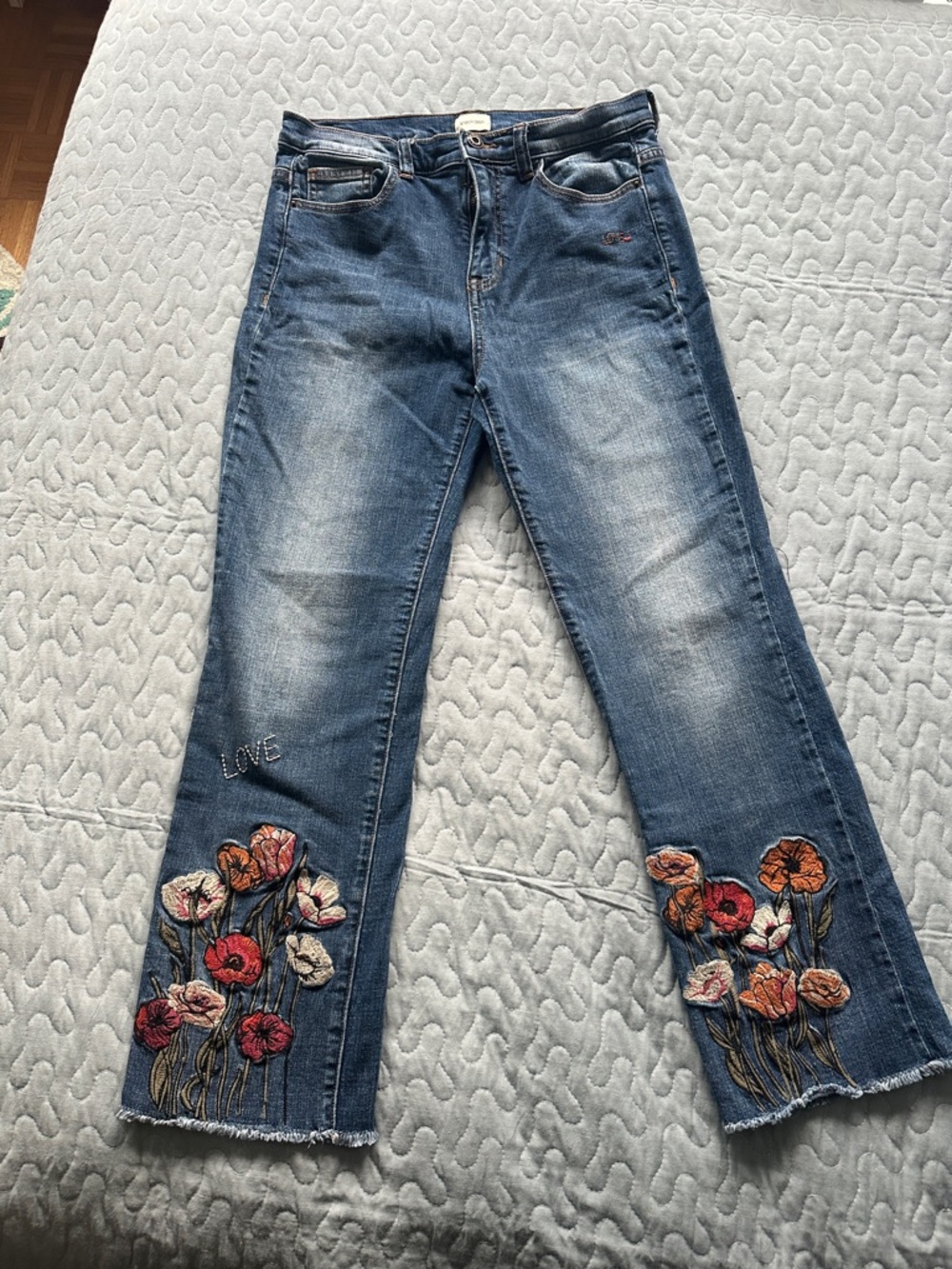 Sneak Peek Blue Denim Wide-Leg Jeans with Embroidered Floral Hem